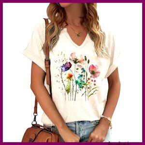 Vintage Floral V-Neck Tee Boho Cottagecore Graphic T-Shirt Women's Casual Top